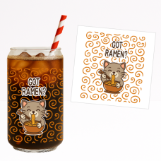 GOT RAMEN? UV DTF Sticker – Cute Cat Eating Ramen with Orange Swirls