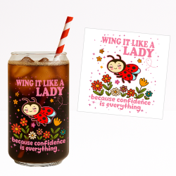 Wing It Like a Lady UV DTF Sticker – Confident Ladybug with Flowers & Stars