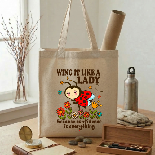 Wing It Like a Lady Cute Ladybug Canvas Tote bag Confidence Booster