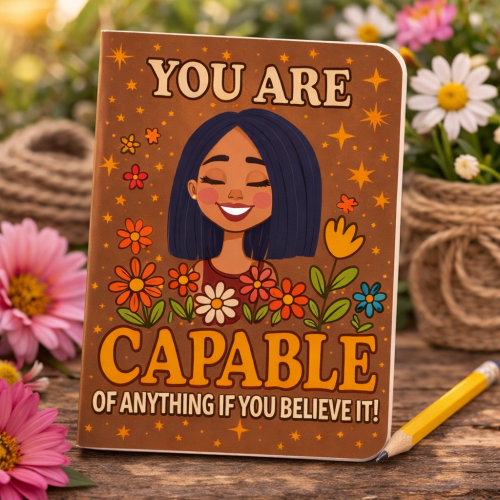 You Are Capable of Anything Mini Pocket Notebook – Smiling Girl with Flowers, Motivational Handmade Journal