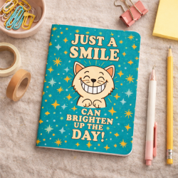 Just A Smile Can Brighten Up The Day Mini Notebook – Smiling Cat, Stars & Positivity in Pocket Size