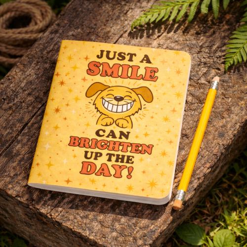 Just A Smile Can Brighten Up The Day Mini Notebook – Smiling Dog with Stars, Handmade Pocket Journal